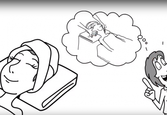 A black and white drawing of a person sleeping on top of a bed.